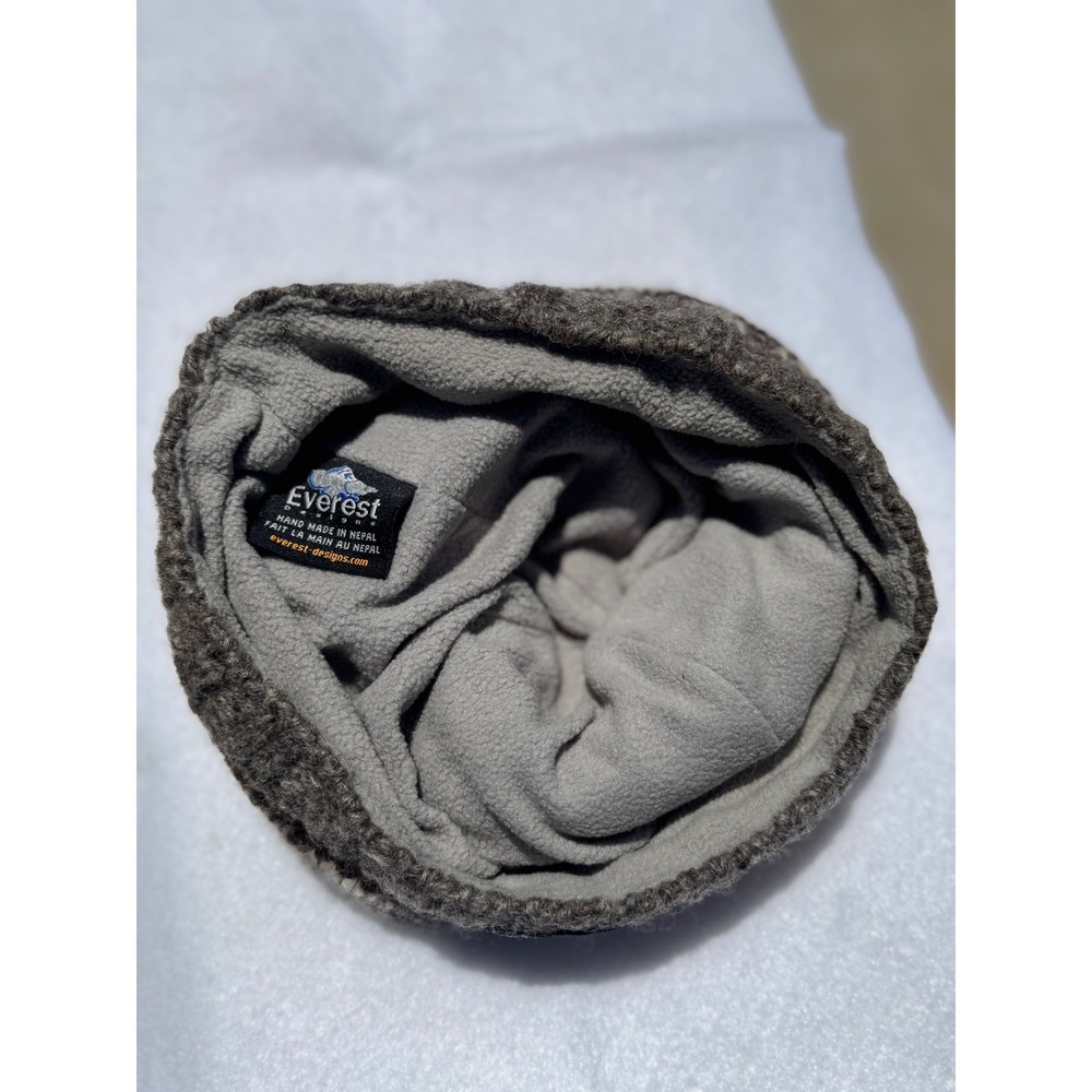 Everest Designs Wool Beanie Hat Fleece Lined Fair Isle Knit Nepal Brown Grey - Picture 3 of 4